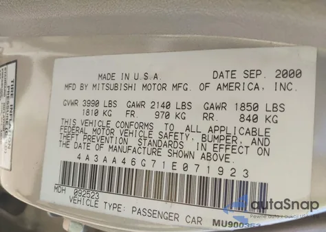 2001 Mitsubishi Galant Es from USA, damaged, VIN 4A3AA46G71E071923